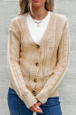 Sale Dear-Lover Open Knit Drop Shoulder Sweater Cardigan Beige