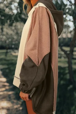 Clearance Dear-Lover Oversized Color Block Patchwork High Low Hoodie Beige