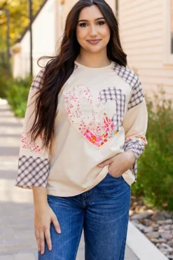 New Dear-Lover Plaid Floral Peace Heart Graphic Wide Long Sleeve Top Beige