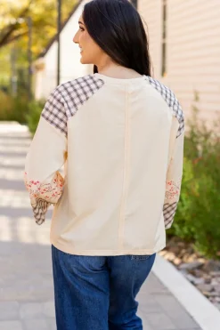 New Dear-Lover Plaid Floral Peace Heart Graphic Wide Long Sleeve Top Beige