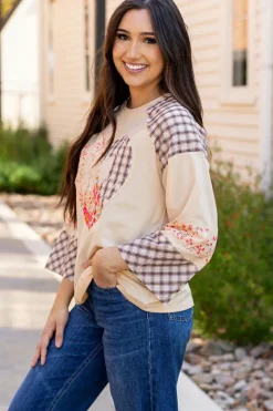 New Dear-Lover Plaid Floral Peace Heart Graphic Wide Long Sleeve Top Beige