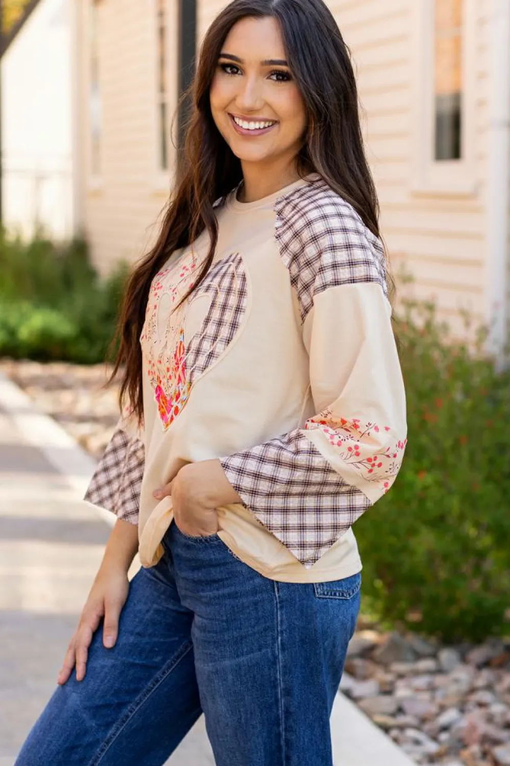New Dear-Lover Plaid Floral Peace Heart Graphic Wide Long Sleeve Top Beige