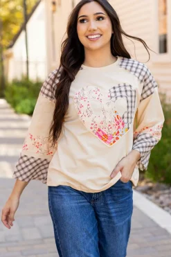 New Dear-Lover Plaid Floral Peace Heart Graphic Wide Long Sleeve Top Beige