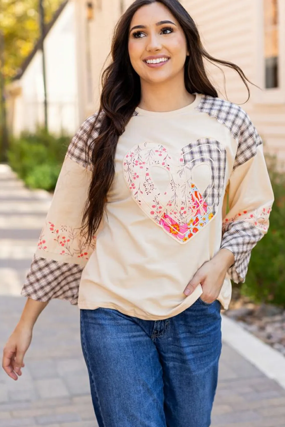 New Dear-Lover Plaid Floral Peace Heart Graphic Wide Long Sleeve Top Beige