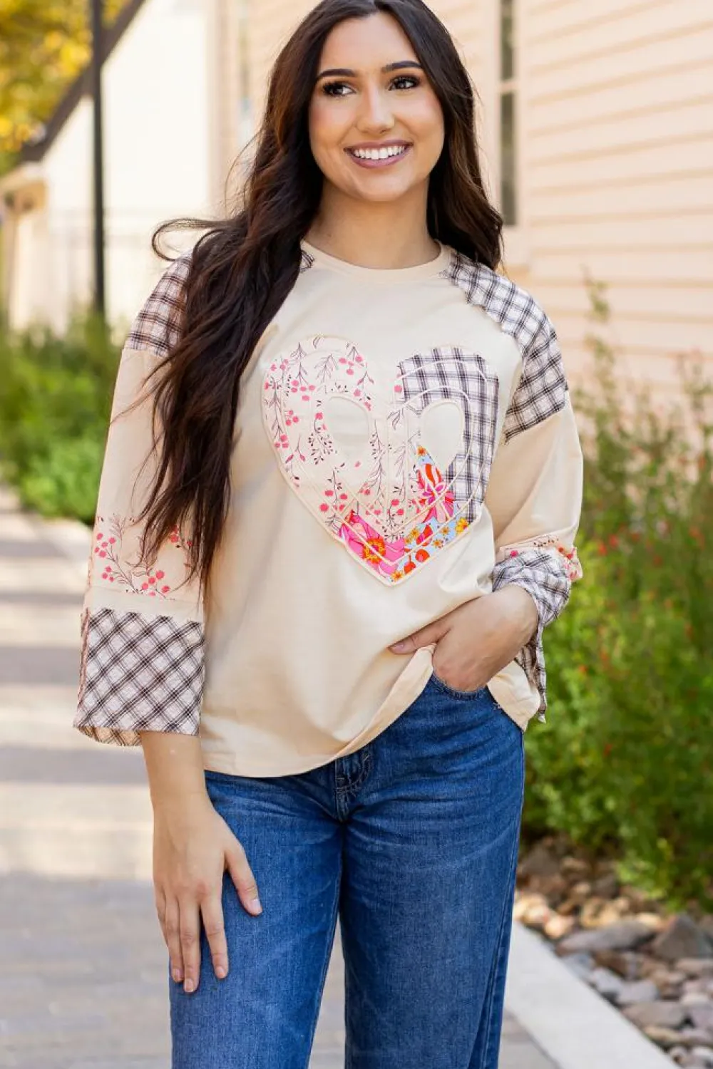 New Dear-Lover Plaid Floral Peace Heart Graphic Wide Long Sleeve Top Beige