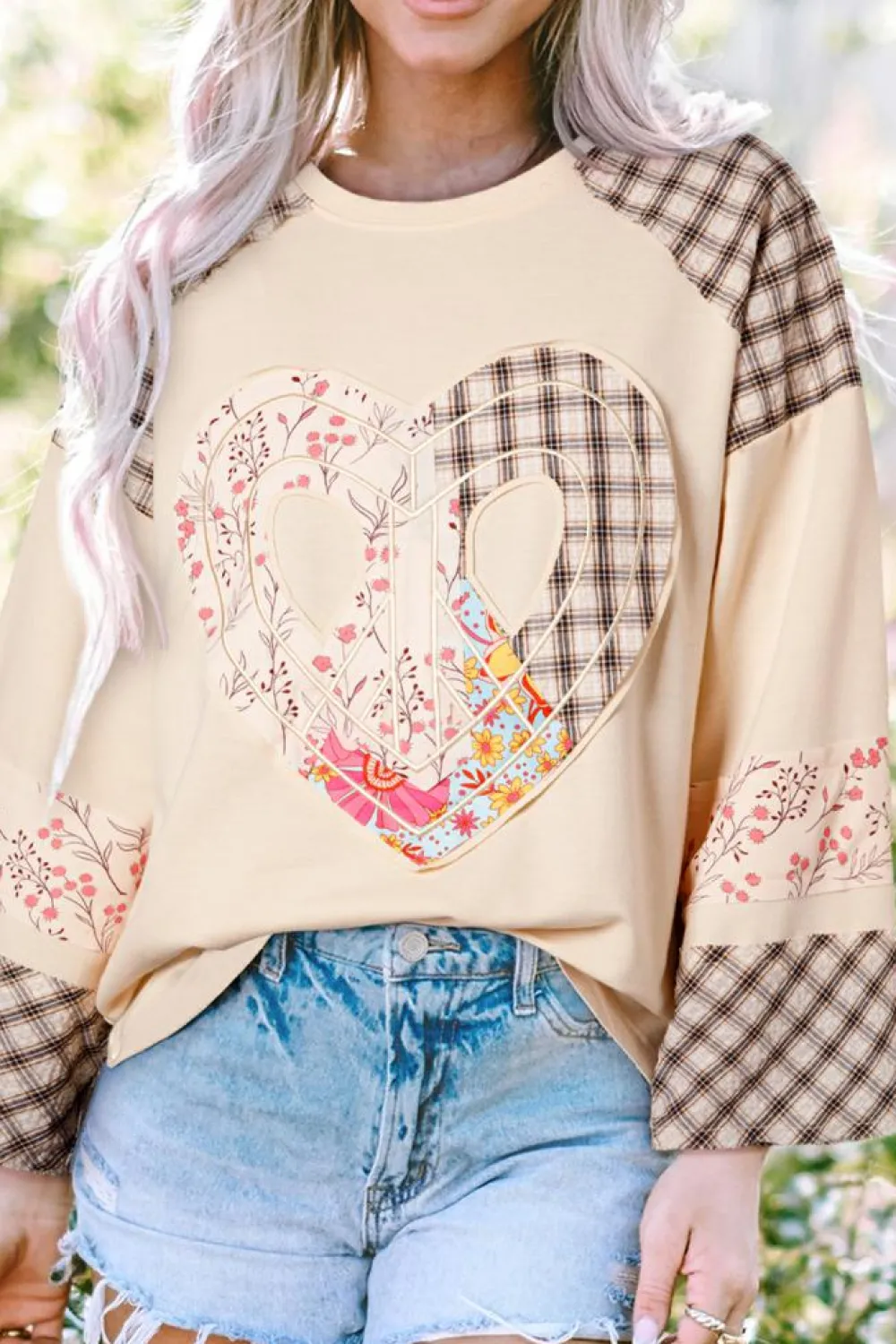 New Dear-Lover Plaid Floral Peace Heart Graphic Wide Long Sleeve Top Beige