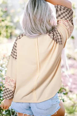 New Dear-Lover Plaid Floral Peace Heart Graphic Wide Long Sleeve Top Beige