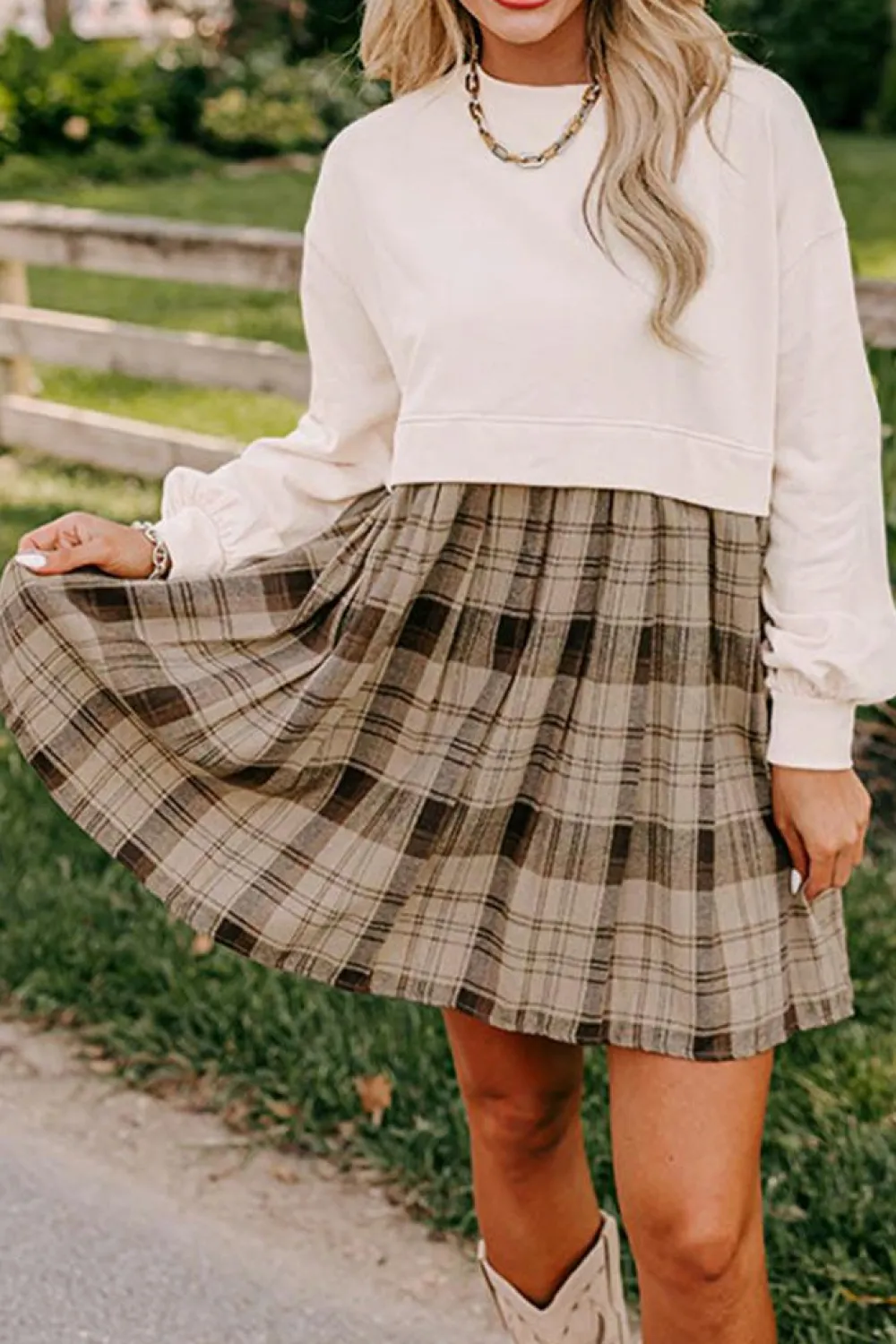 Clearance Dear-Lover Plaid Patchwork High Waist Sweatshirt Mini Dress Beige