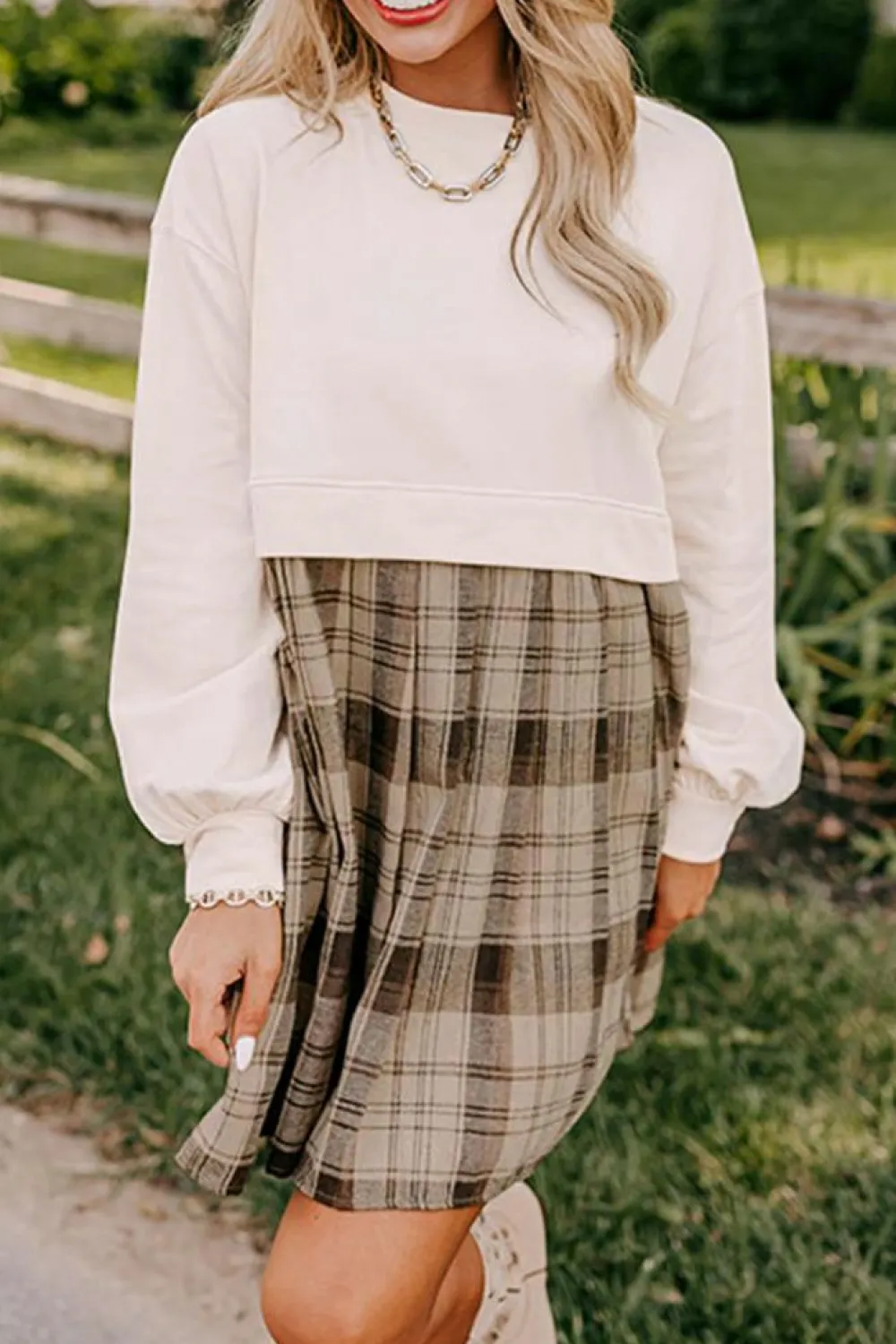 Clearance Dear-Lover Plaid Patchwork High Waist Sweatshirt Mini Dress Beige
