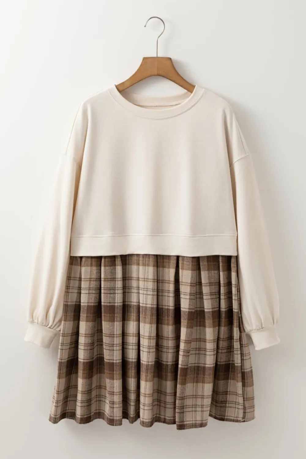 Clearance Dear-Lover Plaid Patchwork High Waist Sweatshirt Mini Dress Beige