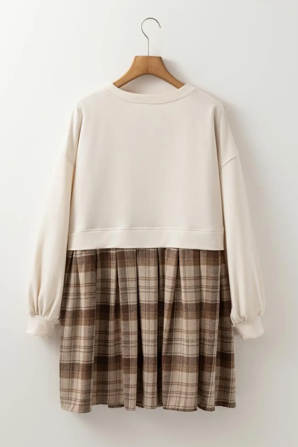 Clearance Dear-Lover Plaid Patchwork High Waist Sweatshirt Mini Dress Beige