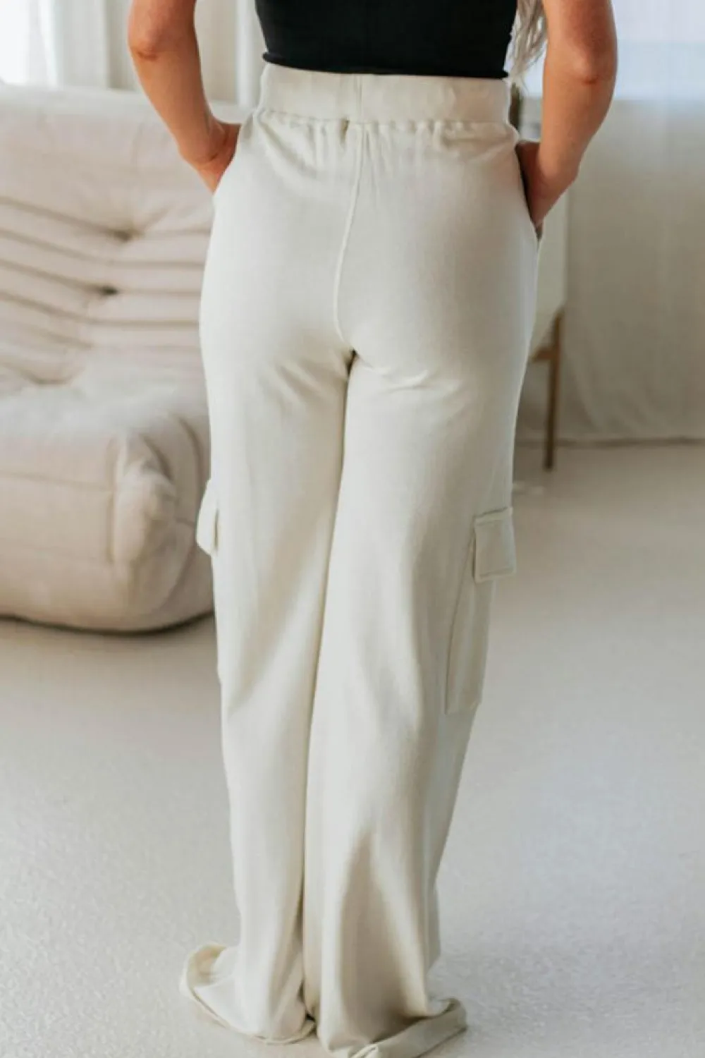 Best Dear-Lover Plain Cargo Pockets High Waist Casual Sweatpants Beige