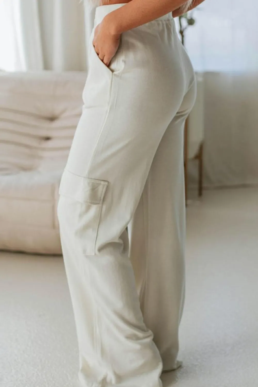 Best Dear-Lover Plain Cargo Pockets High Waist Casual Sweatpants Beige