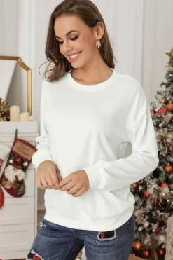Best Dear-Lover Plain Crew Neck Pullover Sweatshirt Beige