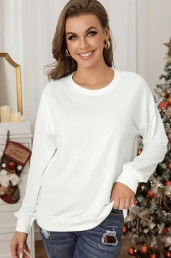 Best Dear-Lover Plain Crew Neck Pullover Sweatshirt Beige