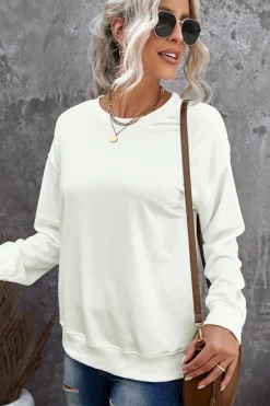 Best Dear-Lover Plain Crew Neck Pullover Sweatshirt Beige