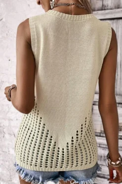 Sale Dear-Lover Pointelle Detail Solid Color Knit Sweater Vest Beige