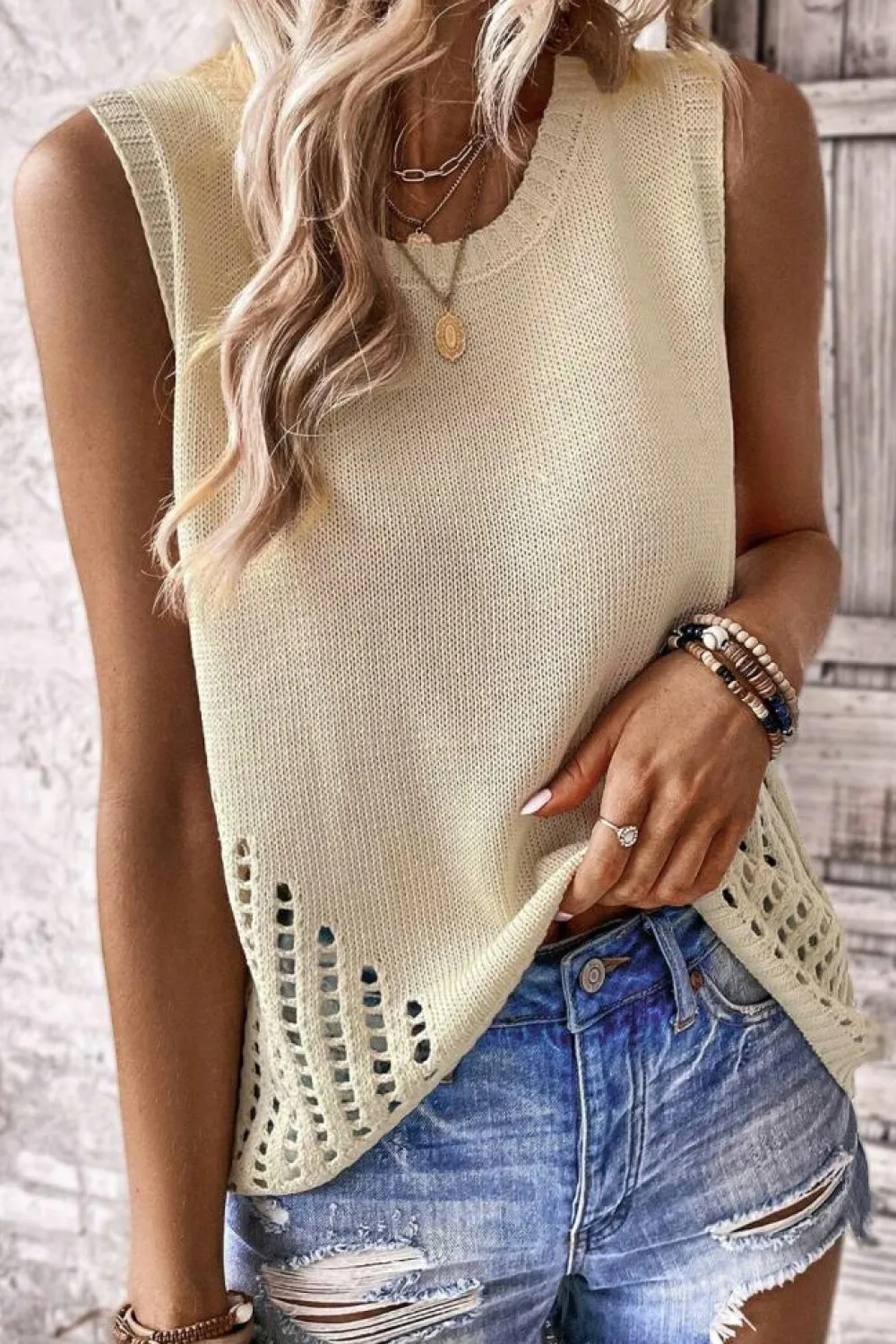 Sale Dear-Lover Pointelle Detail Solid Color Knit Sweater Vest Beige