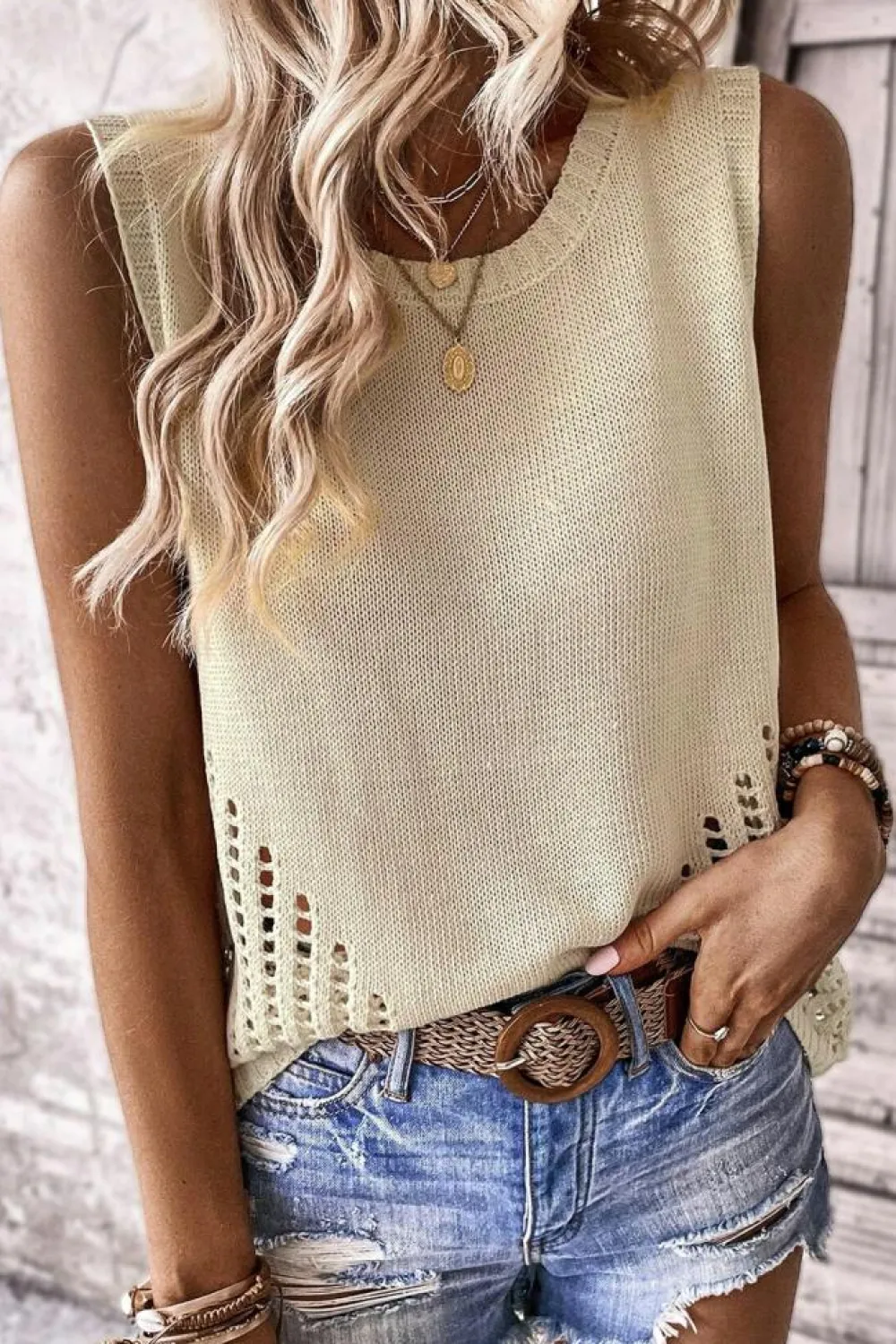 Sale Dear-Lover Pointelle Detail Solid Color Knit Sweater Vest Beige