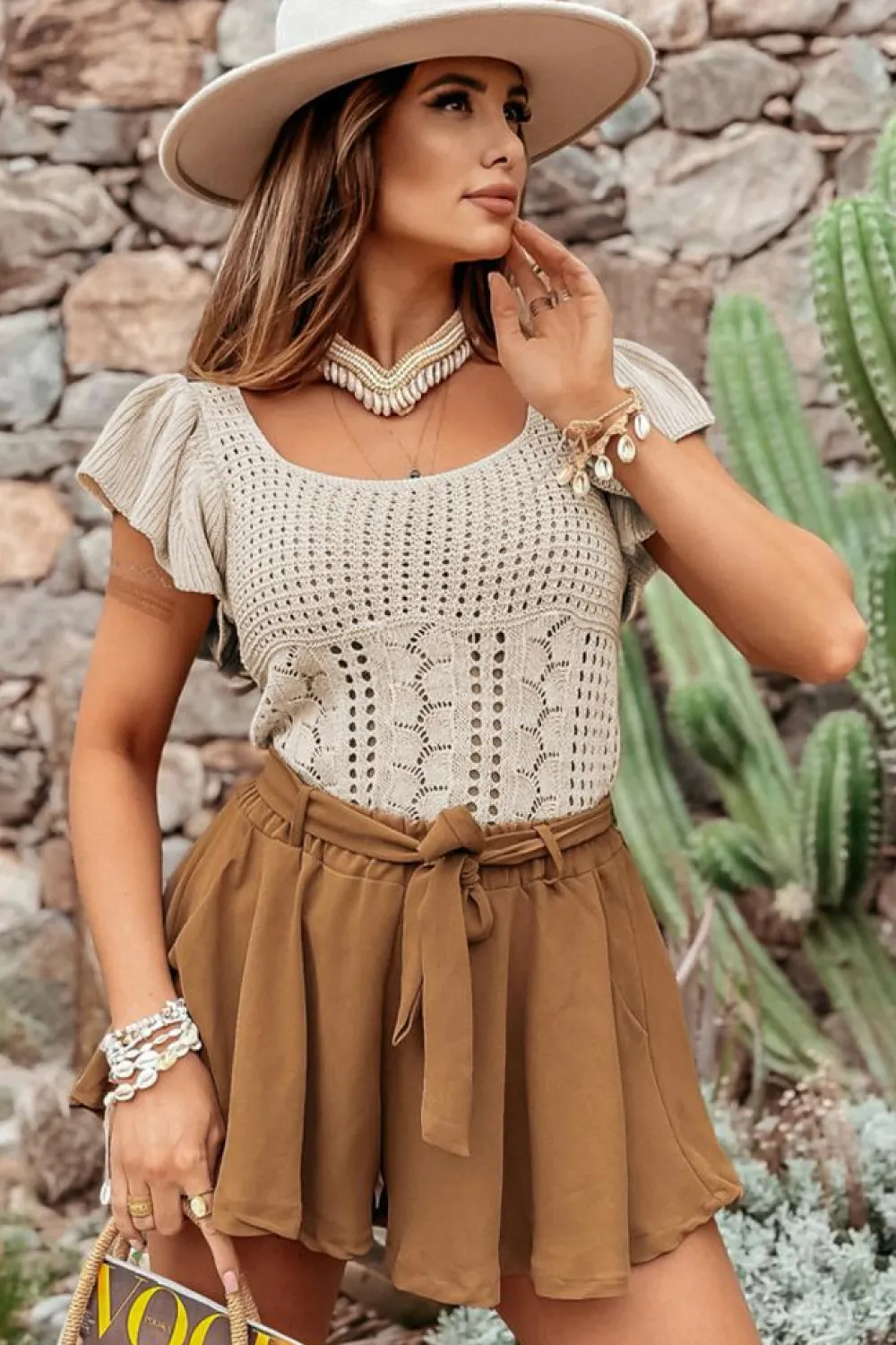 Online Dear-Lover Pointelle Knit Flutter Sleeve Sweater Beige
