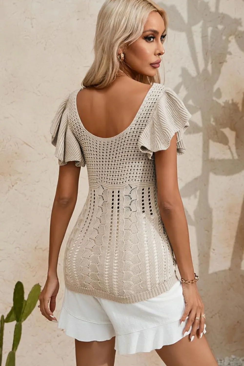 Online Dear-Lover Pointelle Knit Flutter Sleeve Sweater Beige
