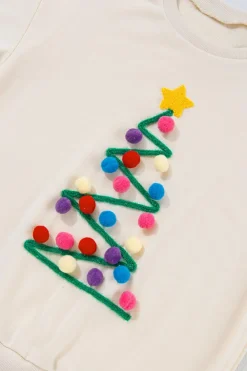 Clearance Dear-Lover Pom-Pom Christmas Tree Pattern O Neck Sweatshirt Beige