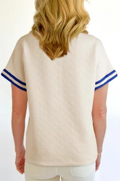 New Dear-Lover Preppy Striped Trim Textured Quarter Zipper Colorblock Short Sleeve Top Beige