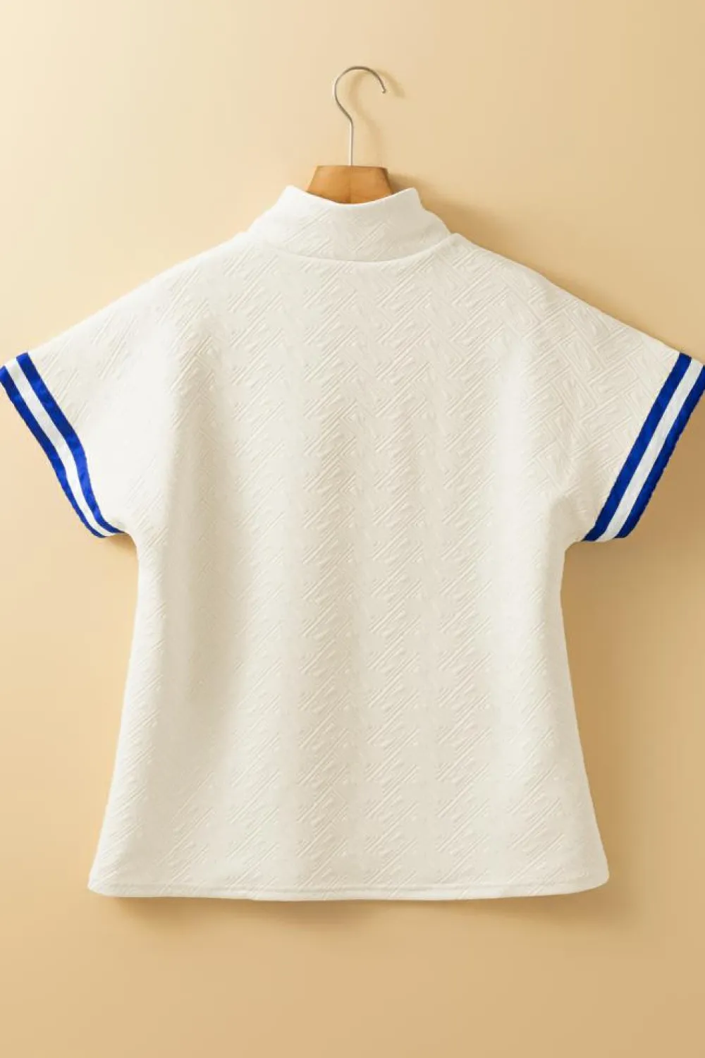New Dear-Lover Preppy Striped Trim Textured Quarter Zipper Colorblock Short Sleeve Top Beige