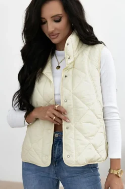 Hot Dear-Lover Quilted High Neck Button Up Pocket Vest Coat Beige