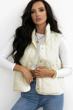 Hot Dear-Lover Quilted High Neck Button Up Pocket Vest Coat Beige