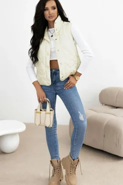 Hot Dear-Lover Quilted High Neck Button Up Pocket Vest Coat Beige