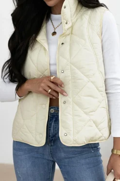 Hot Dear-Lover Quilted High Neck Button Up Pocket Vest Coat Beige