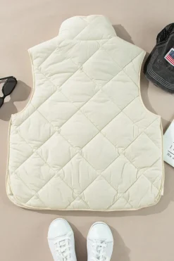 Hot Dear-Lover Quilted High Neck Button Up Pocket Vest Coat Beige