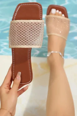 Outlet Dear-Lover Rhinestone Mesh Square Toe Flat Slippers Beige