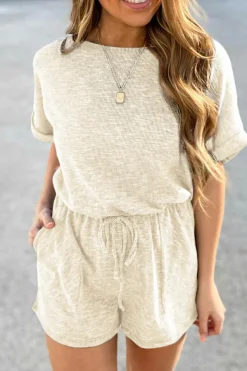 Outlet Dear-Lover Ribbed Elastic Waist Romper Beige