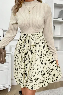 Online Dear-Lover Ribbed Knit Patchwork Printed Belted A-line Dress Beige