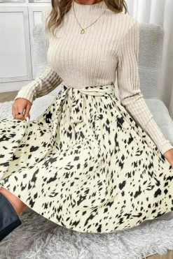 Online Dear-Lover Ribbed Knit Patchwork Printed Belted A-line Dress Beige