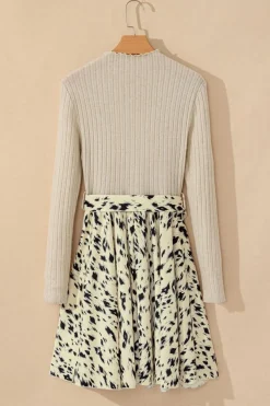 Online Dear-Lover Ribbed Knit Patchwork Printed Belted A-line Dress Beige