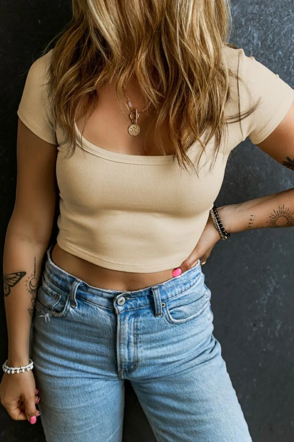Clearance Dear-Lover Ribbed Knit U Neck Crop Top Beige