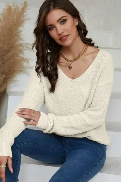 Fashion Dear-Lover Ribbed Knit V Neck Sweater Beige