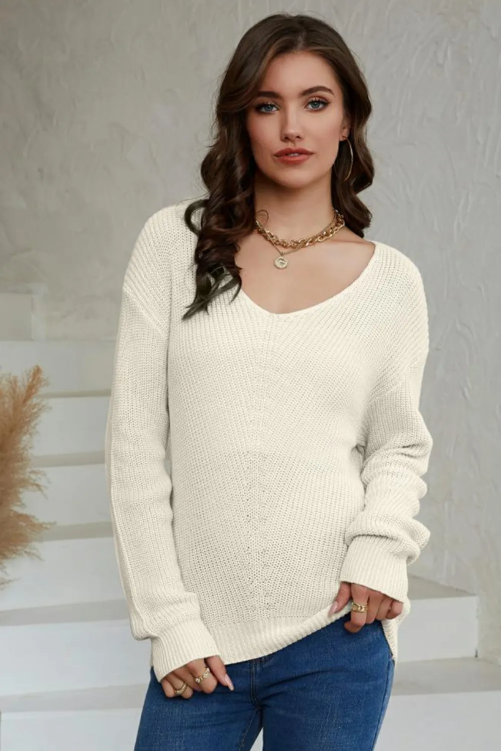 Fashion Dear-Lover Ribbed Knit V Neck Sweater Beige