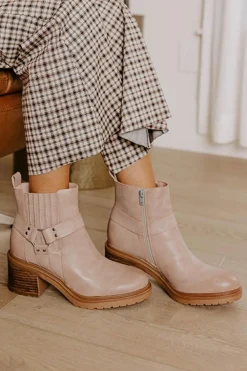 Clearance Dear-Lover Ring Linked Zipper Chunky Heel Ankle Boots Beige