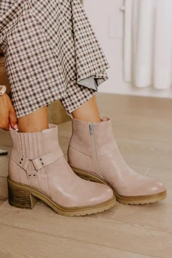 Clearance Dear-Lover Ring Linked Zipper Chunky Heel Ankle Boots Beige