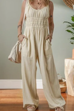 Discount Dear-Lover Ruched High Waist Sleeveless Wide Leg Jumpsuit Beige