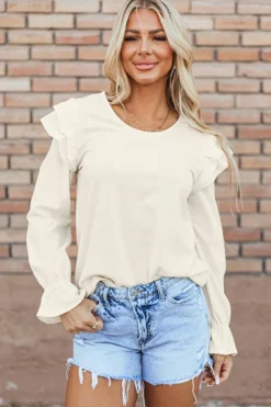 Best Dear-Lover Ruffled Flounce Sleeve Corduroy Blouse Beige