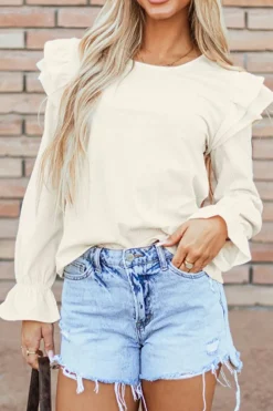 Best Dear-Lover Ruffled Flounce Sleeve Corduroy Blouse Beige