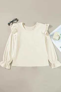 Best Dear-Lover Ruffled Flounce Sleeve Corduroy Blouse Beige