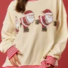 Fashion Dear-Lover Santa Skiing Graphic Striped Trim Corded Sweatshirt Beige