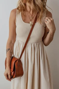 New Dear-Lover Scoop Neck Ribbed Bodice Pleated Sleeveless Long Dress Beige