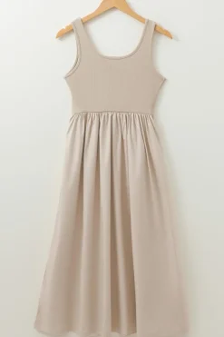 New Dear-Lover Scoop Neck Ribbed Bodice Pleated Sleeveless Long Dress Beige